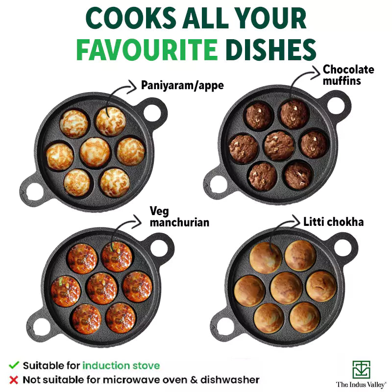 CASTrong Cast Iron Paniyaram/Appe Pan, Pre-seasoned, Natural Nonstick, 100% Pure, Toxin-free, 7 Pit, 18.9cm, 2.3kg