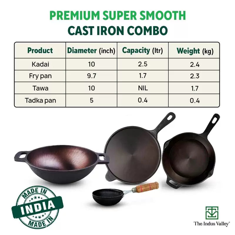 Super Smooth Cast Iron Set: Kadai+ Tawa+ Frying Pan | The Indus Valley