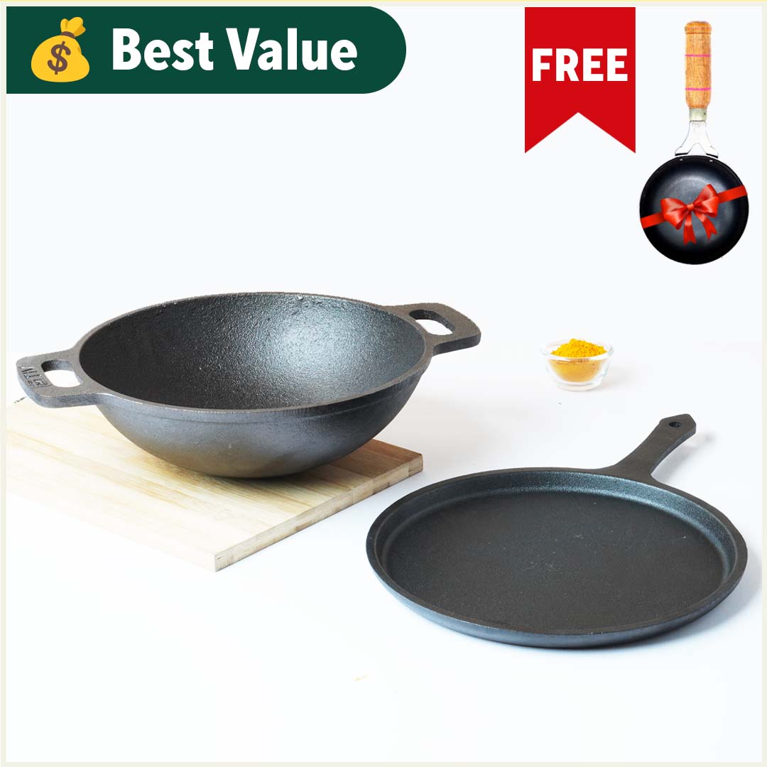 CASTrong Cast Iron Cookware Set:Free ₹400 TadkaPan+Tawa+Kadai (Wok model),Kitchen set for Home, Seasoned, 100% Pure,Toxin-free