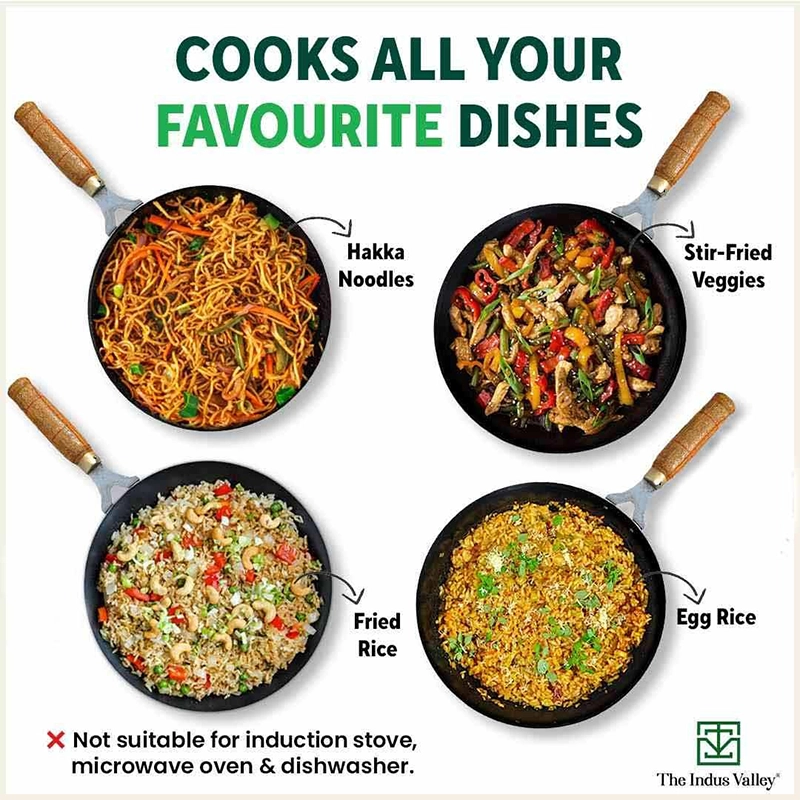 100% Pure Iron Wok 2.2/4.2L with Wooden Handle, Toxin-free Sheet Iron, Pre-seasoned 1/1.5kg