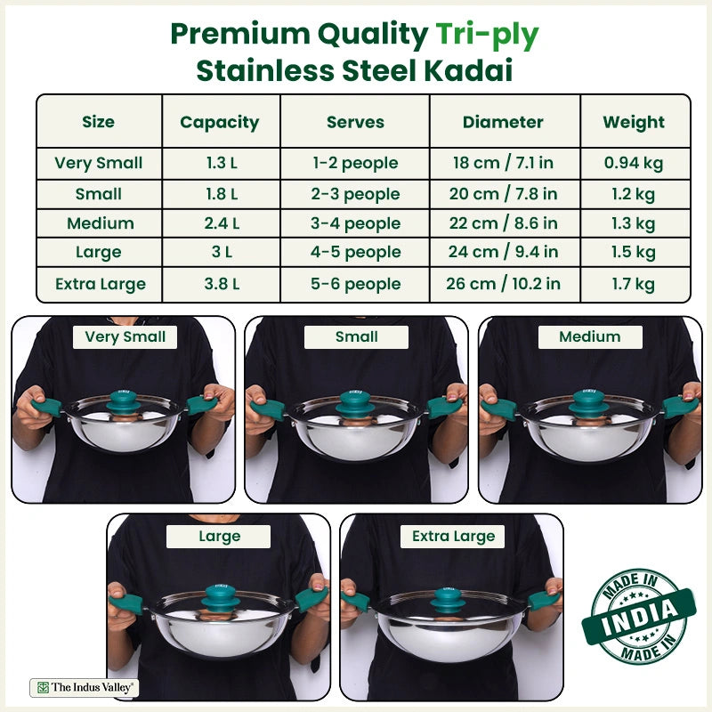 TurboCuk Tri-ply Stainless Steel Wok Kadai 1.3/3L, Premium Quality, 3 Layer Thick Body, 100% Toxin-free, Non-stick, 18/20/22/24/26 cm