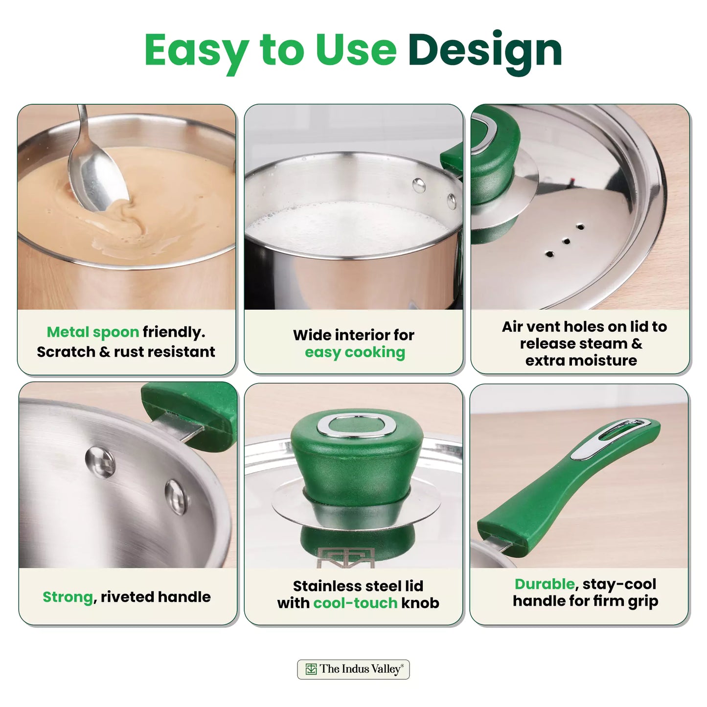 Tri-Steel Stainless Steel Tea/Milk Pan+ Lid, Premium Quality, Tri-ply (3 Layer) Bottom, Soft-touch Handle, 100% Toxin-free, Non-stick, Induction & Gas, 1.6L, 16cm H