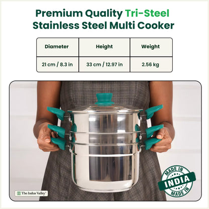 Tri-steel Multi Cooker Pot Premium Stainless Steel Momo Maker/ Idiyappam/ Biryani/  Veg Steaming Set, 3 Pots, 21cm