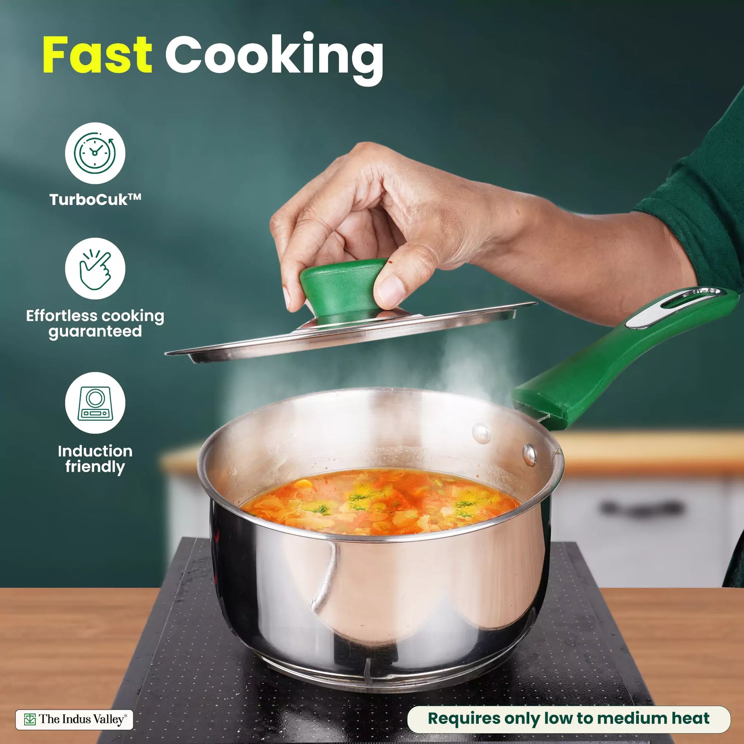 Tri-Steel Stainless Steel Tea/Milk Pan+ Lid, Premium Quality, Tri-ply (3 Layer) Bottom, Soft-touch Handle, 100% Toxin-free, Non-stick, Induction & Gas, 1.6L, 16cm H