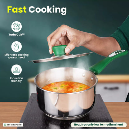 Tri-Steel Stainless Steel Tea/Milk Pan+ Lid, Premium Quality, Tri-ply (3 Layer) Bottom, Soft-touch Handle, 100% Toxin-free, Non-stick, Induction & Gas, 1.6L, 16cm H