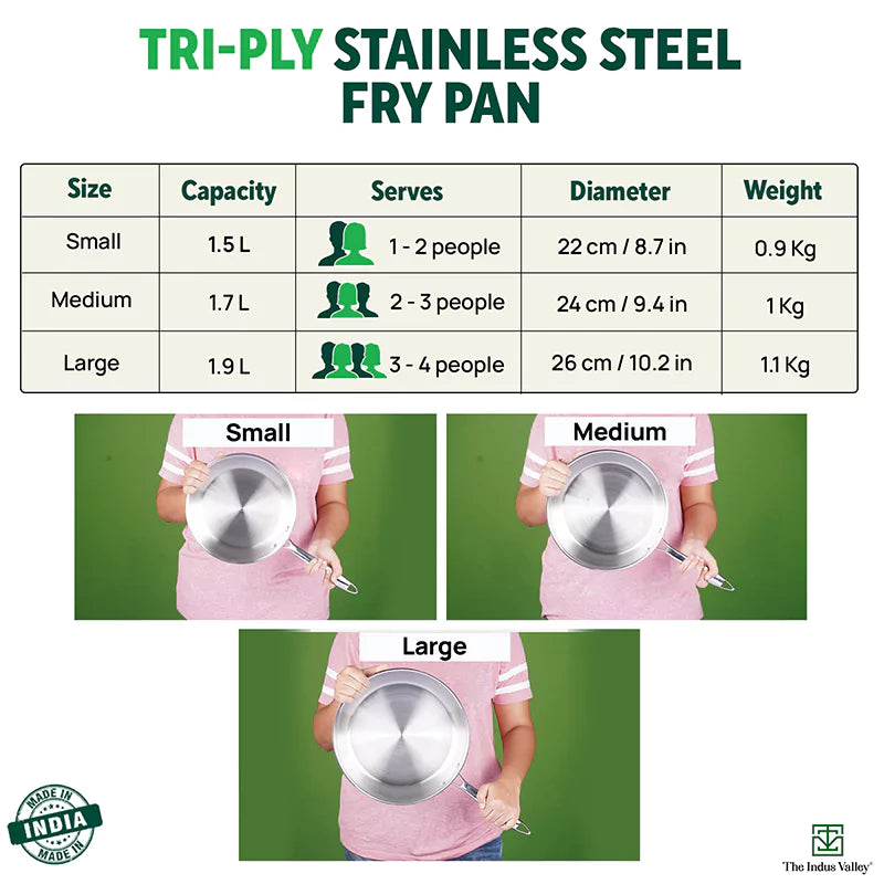 TurboCuk Tri-ply Stainless Steel Fry Pan 1.5/1.7/1.9L, Premium Quality, 3 Layer Thick Body, 100% Toxin-free, Non-stick, Induction & Gas, Free 110 Spatula, 22/24/26 cm