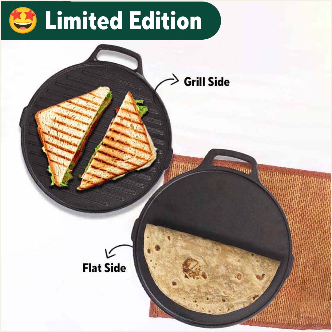 CASTrong Cast Iron 2-in-1 Griddle (Grill Pan + Tawa), Pre-seasoned, 100% Pure, Toxin-free, Induction, Round, 26cm, 2.1 Kg