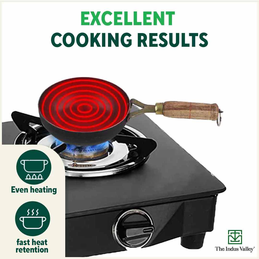 100% Pure Sheet Iron Tadka Pan with Wooden/Silicone Handle, Seasoned, Toxin-free, 0.8/0.43L