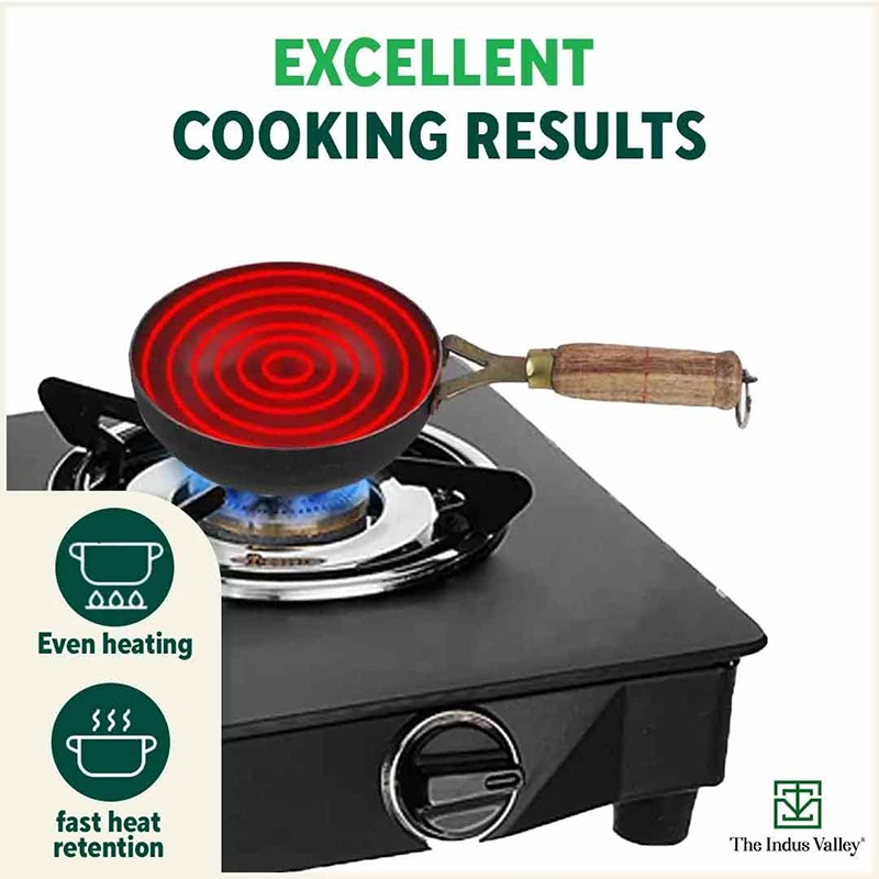 100% Pure Sheet Iron Tadka Pan 0.8/0.43ml with Wooden/Silicone Handle, Seasoned, Toxin-free