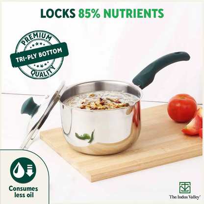 Tri-steel Stainless Steel Tea/Milk Pan with Spout & Glass lid, Premium Quality, Tri-ply (3 Layer) Bottom, 100% Toxin-free, Non-stick, Induction & Gas, 1 Litre