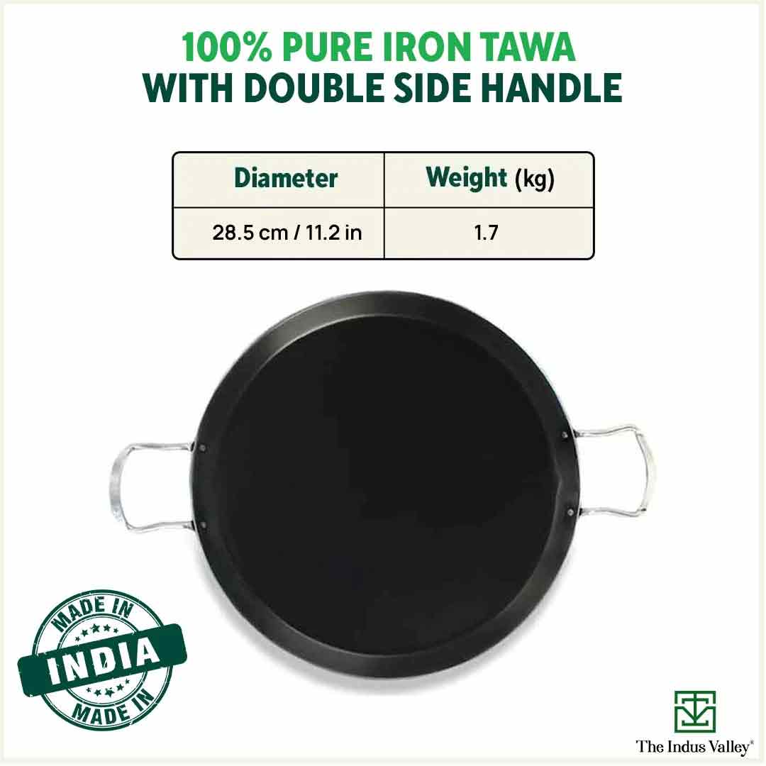 100% Pure Sheet Iron Tawa, 2 Handles, Seasoned, Toxin-free, Induction, 28.5cm, 1.7kg
