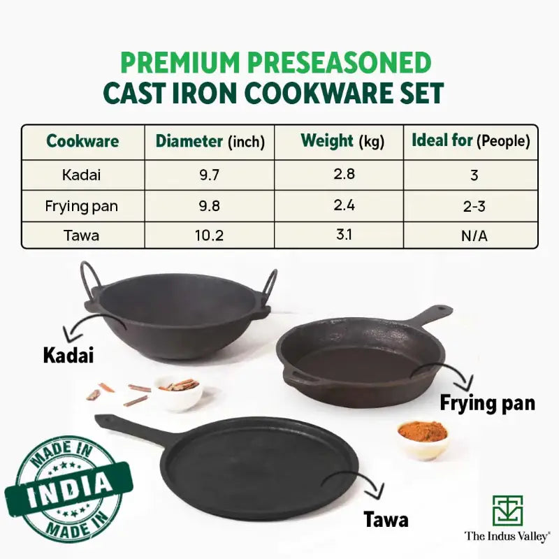 Buy Best Premium Cast Iron Cookware Set Fryingpan+Kadai/Kadhai Online – The  Indus Valley