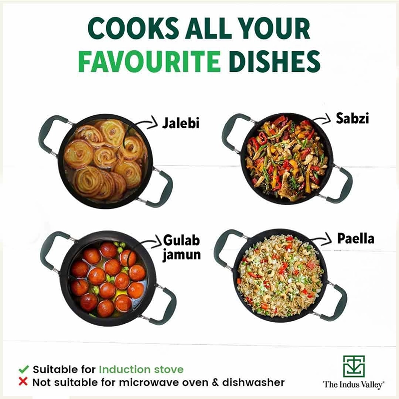 100% Pure Sheet Iron Kadai/ Jalebi/ Paella Pan 1.4L, Silicone Cool Handles, Seasoned, Toxin-free, Induction