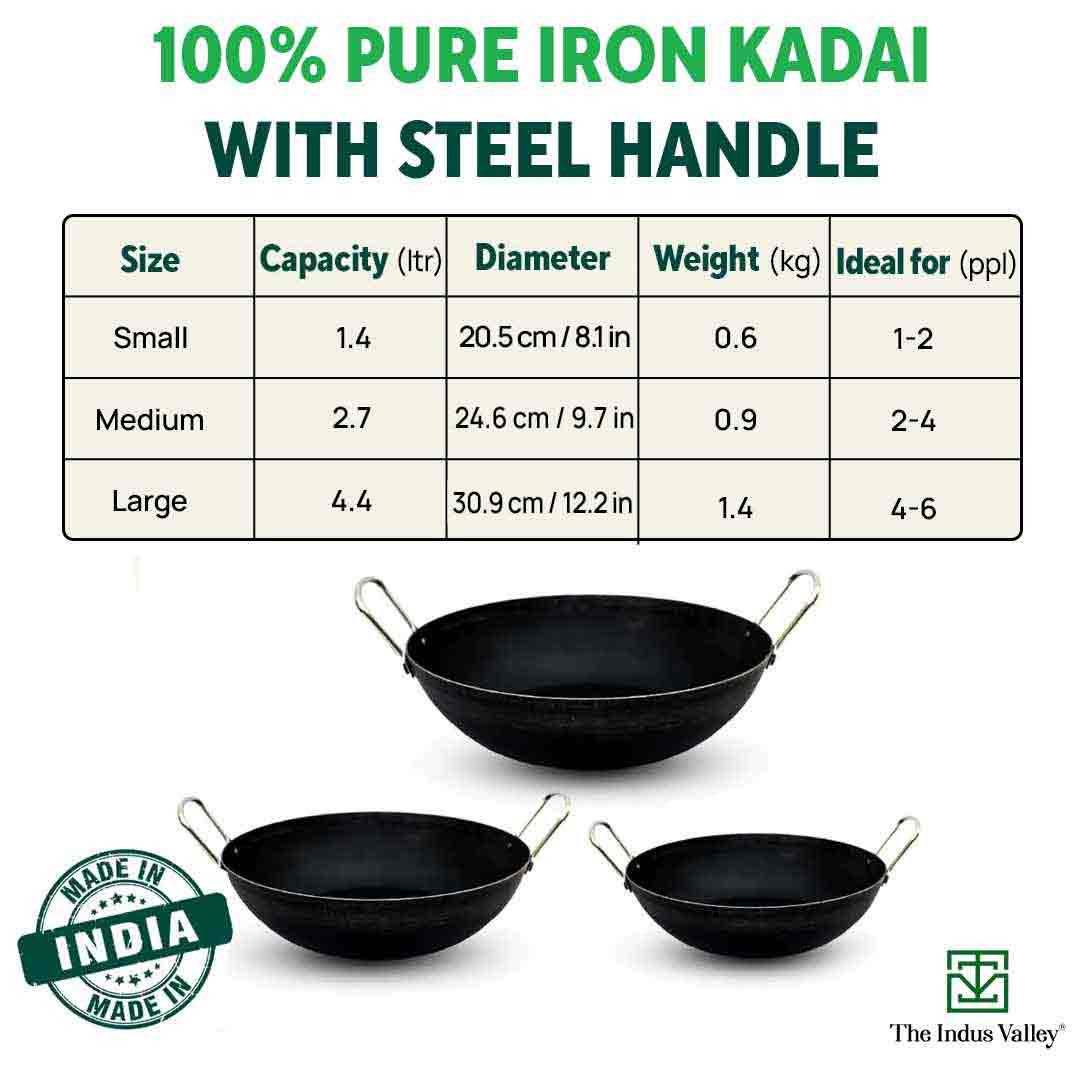 100% Pure Sheet Iron Kadai/ Jalebi/ Paella Pan, Silicone Cool Handles, Seasoned, Toxin-free, Induction, 25.4cm, 1.4L