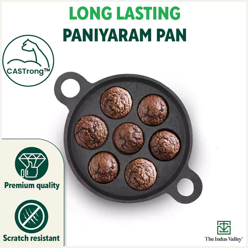 7 Pit, CASTrong Cast Iron Paniyaram/Appe Pan 18.9cm, Pre-seasoned, Natural Nonstick, 100% Pure, Toxin-free