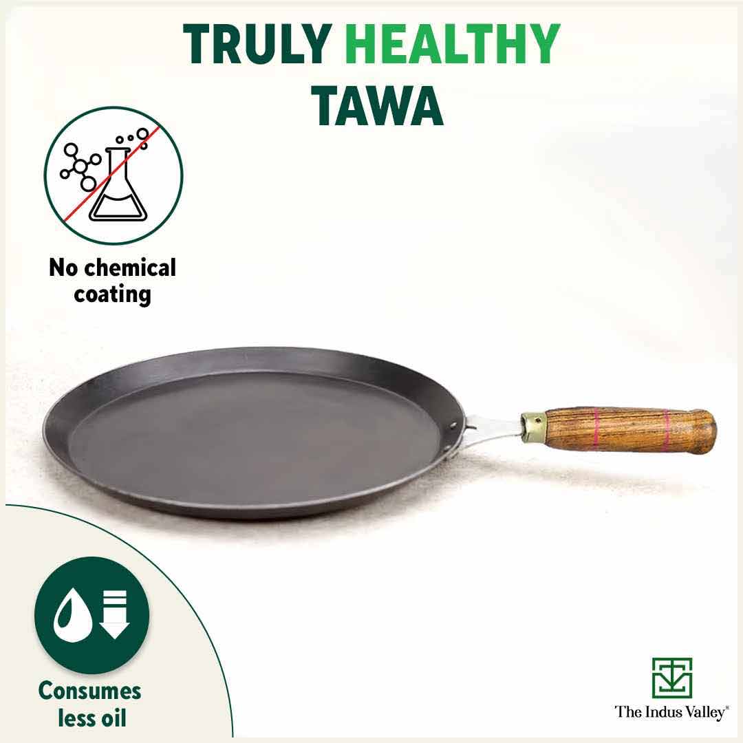 100% Pure Sheet Iron Tawa, Wooden Handle, Seasoned, Toxin-free, Induction,  26cm, 1kg