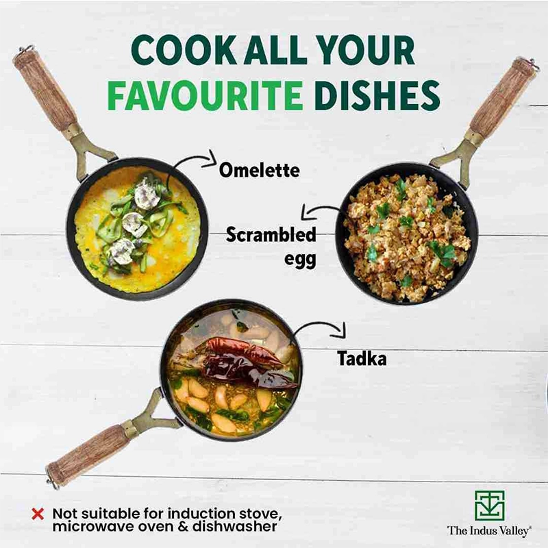 100% Pure Sheet Iron Tadka Pan 0.8/0.43ml with Wooden/Silicone Handle, Seasoned, Toxin-free
