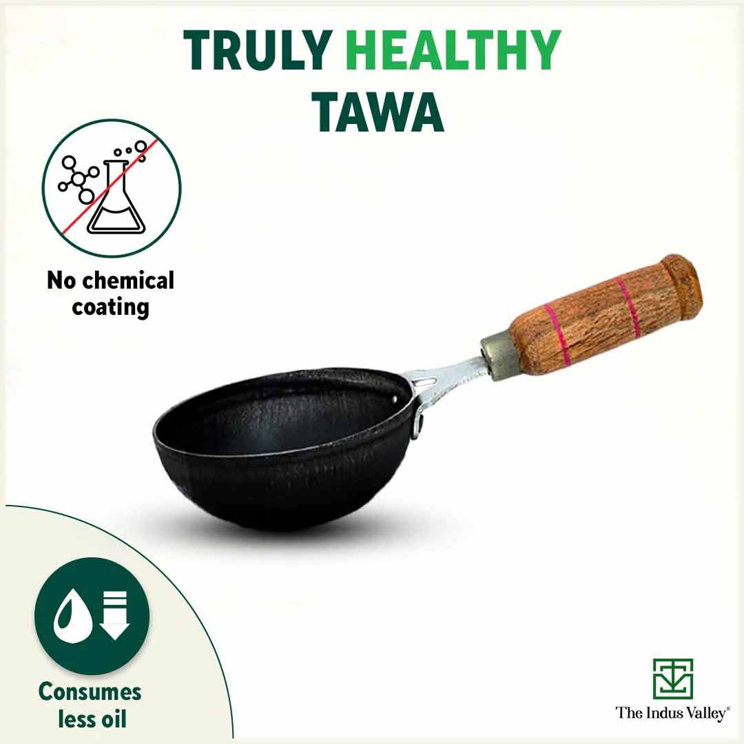 100% Pure Sheet Iron Tadka Pan with Wooden/Silicone Handle, Seasoned, Toxin-free, 0.8/0.43L