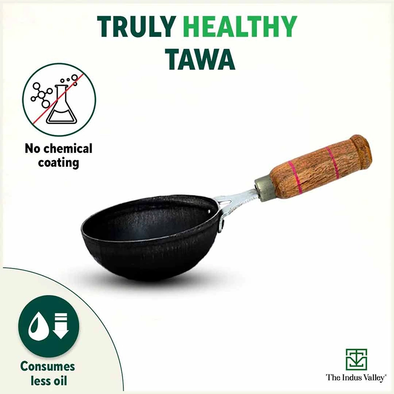 100% Pure Sheet Iron Tadka Pan 0.8/0.43ml with Wooden/Silicone Handle, Seasoned, Toxin-free