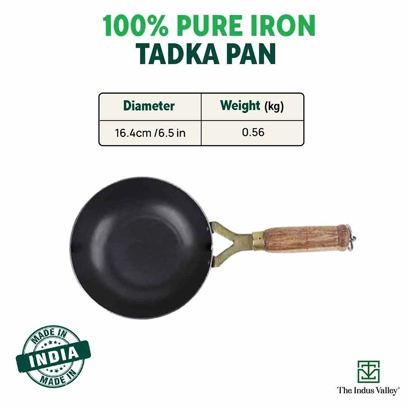 100% Pure Sheet Iron Tadka Pan 0.8/0.43ml with Wooden/Silicone Handle, Seasoned, Toxin-free