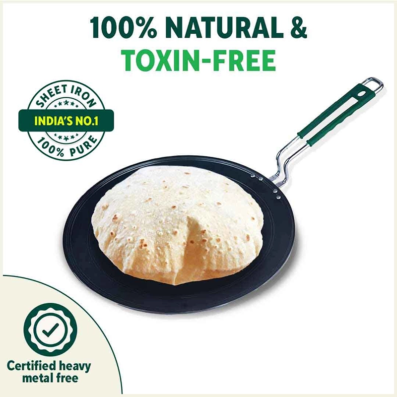 100% Pure Sheet Iron Concave Tawa 25.5cm/30.5cm, Toxin-free, Seasoned, Silicone Handle