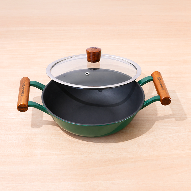 Enamel Coated Cast Iron Kadai, 24.9 cm / 2.3L with Glass Lid | Induction & Gas Compatible