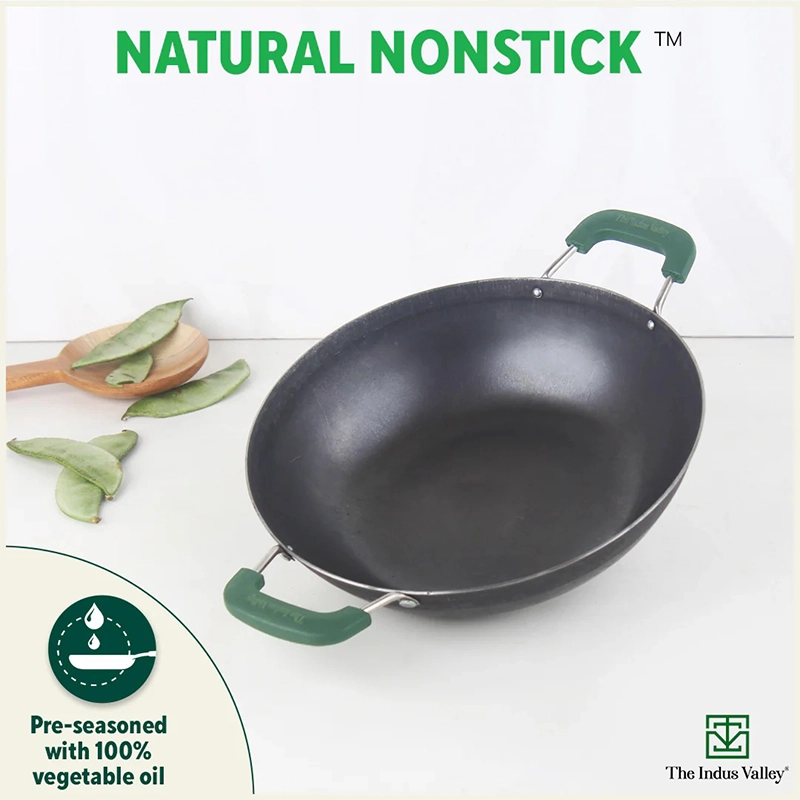 100% Pure Sheet Iron Kadai with Silicon Handle, Seasoned, Toxin-free