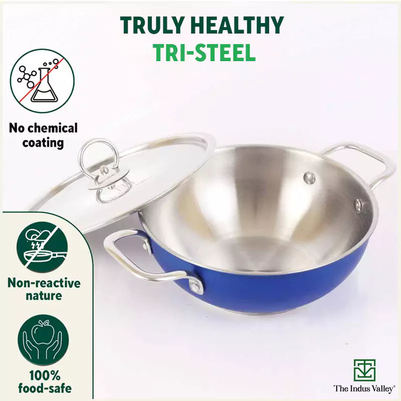 Tri-Steel Premium Stainless Steel Cookware Kitchen Set for Home: Free ₹110 Spatula+ Kadai + Saucepan, Steel Lid, Blue