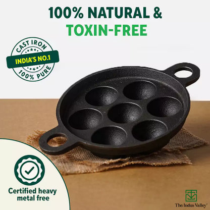 CASTrong Cast Iron Paniyaram/Appe Pan, Pre-seasoned, Natural Nonstick, 100% Pure, Toxin-free, 7 Pit, 18.9cm, 2.3kg