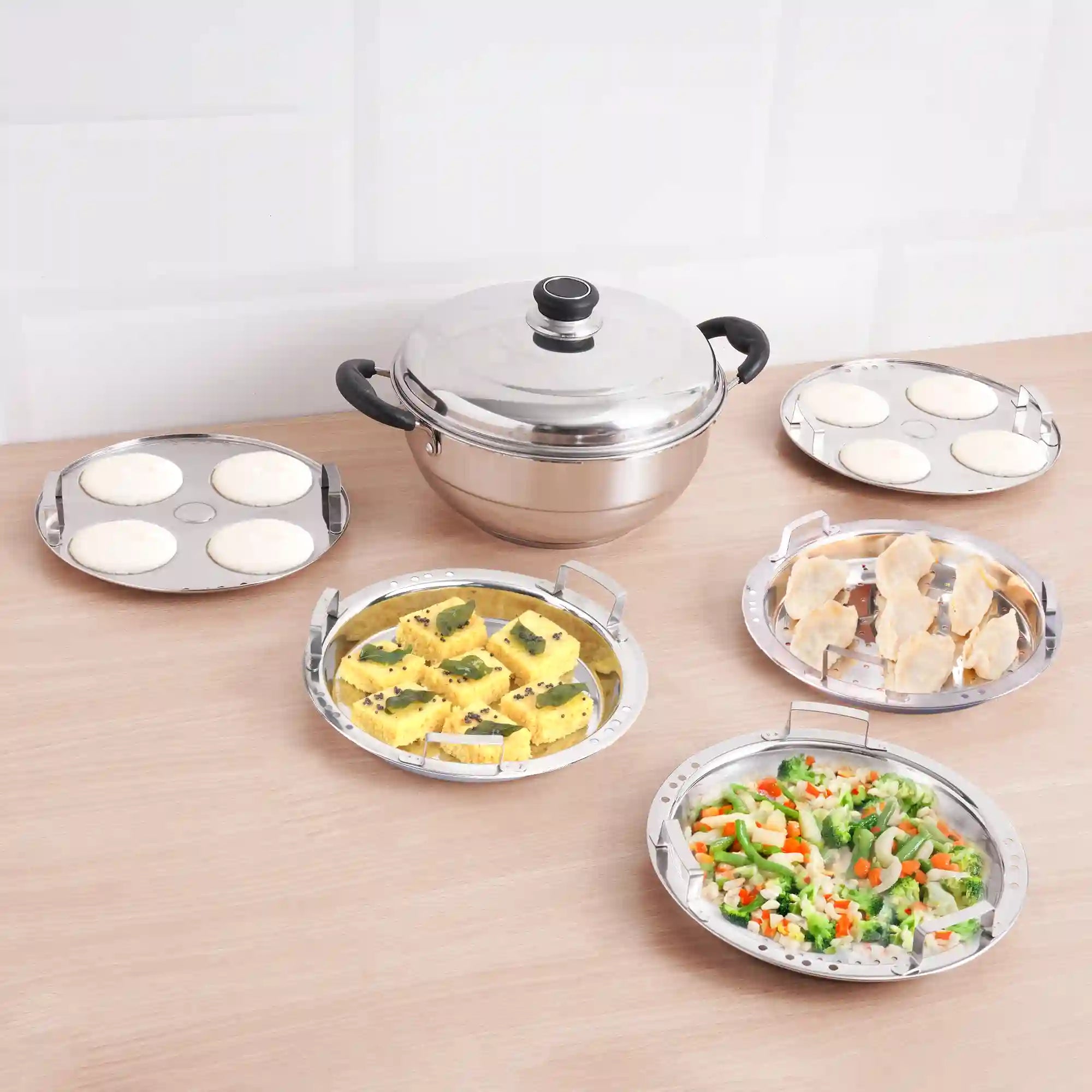 8 Pit Tri-Steel Multi Pot 3L Premium Stainless Steel Idli/ Dhokla/ Momo Maker/ Veg Steaming Set, Tri-ply Induction Bottom, 5 Plates