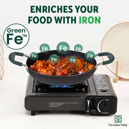 100% Pure Sheet Iron Kadai/ Jalebi/ Paella Pan, Silicone Cool Handles, Seasoned, Toxin-free, Induction, 25.4cm, 1.4L
