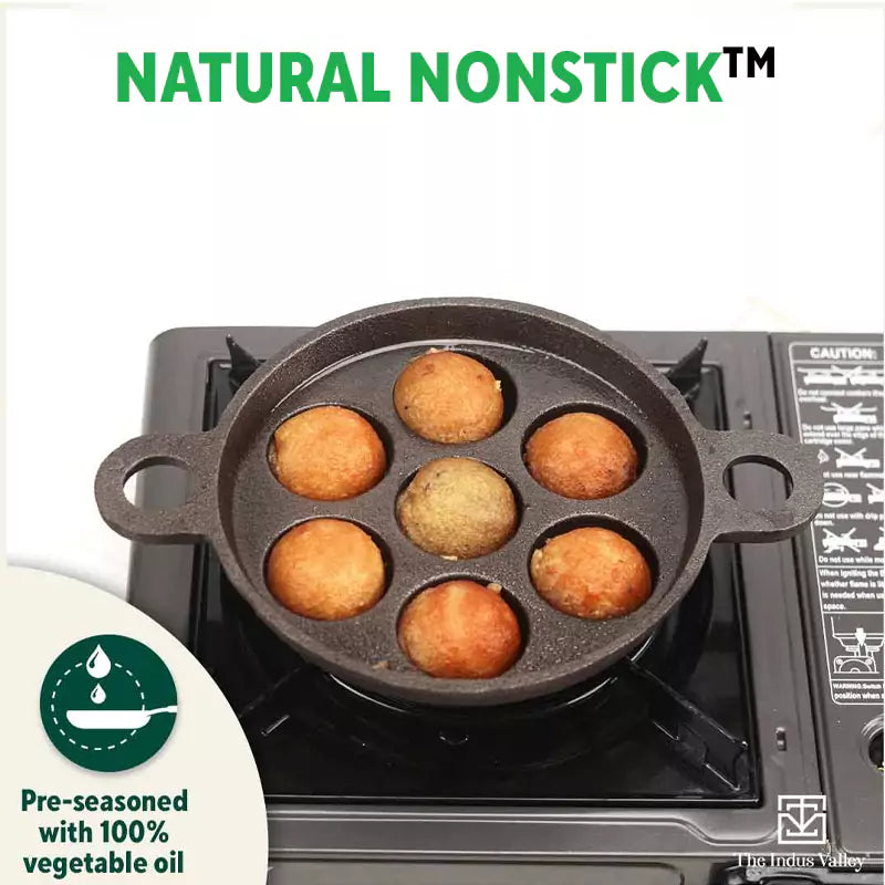 CASTrong Cast Iron Paniyaram/Appe Pan, Pre-seasoned, Natural Nonstick, 100% Pure, Toxin-free, 7 Pit, 18.9cm, 2.3kg
