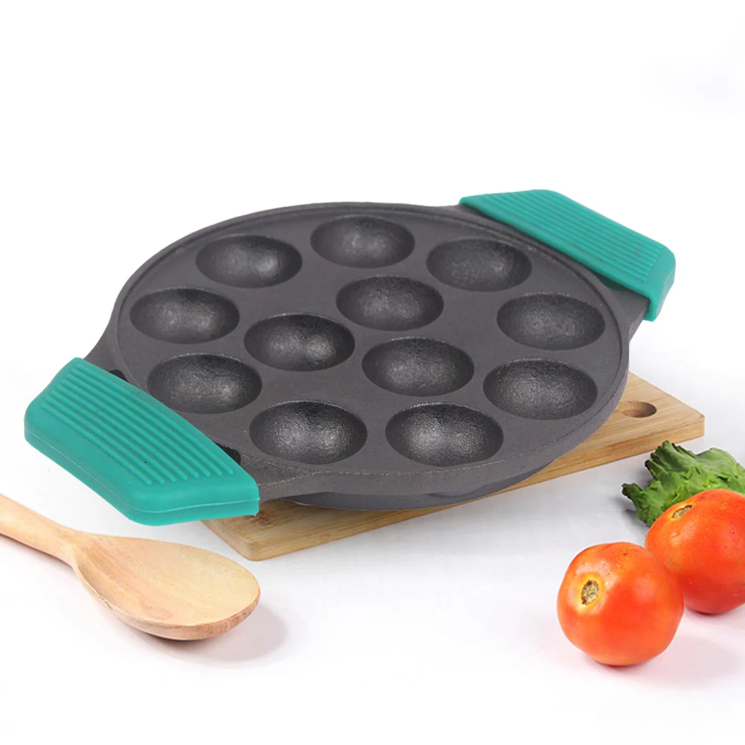 CASTrong Premium Cast Iron Paniyaram/Appe Pan, Silicone Grip, 12 Pit, Pre-seasoned, Toxin-free