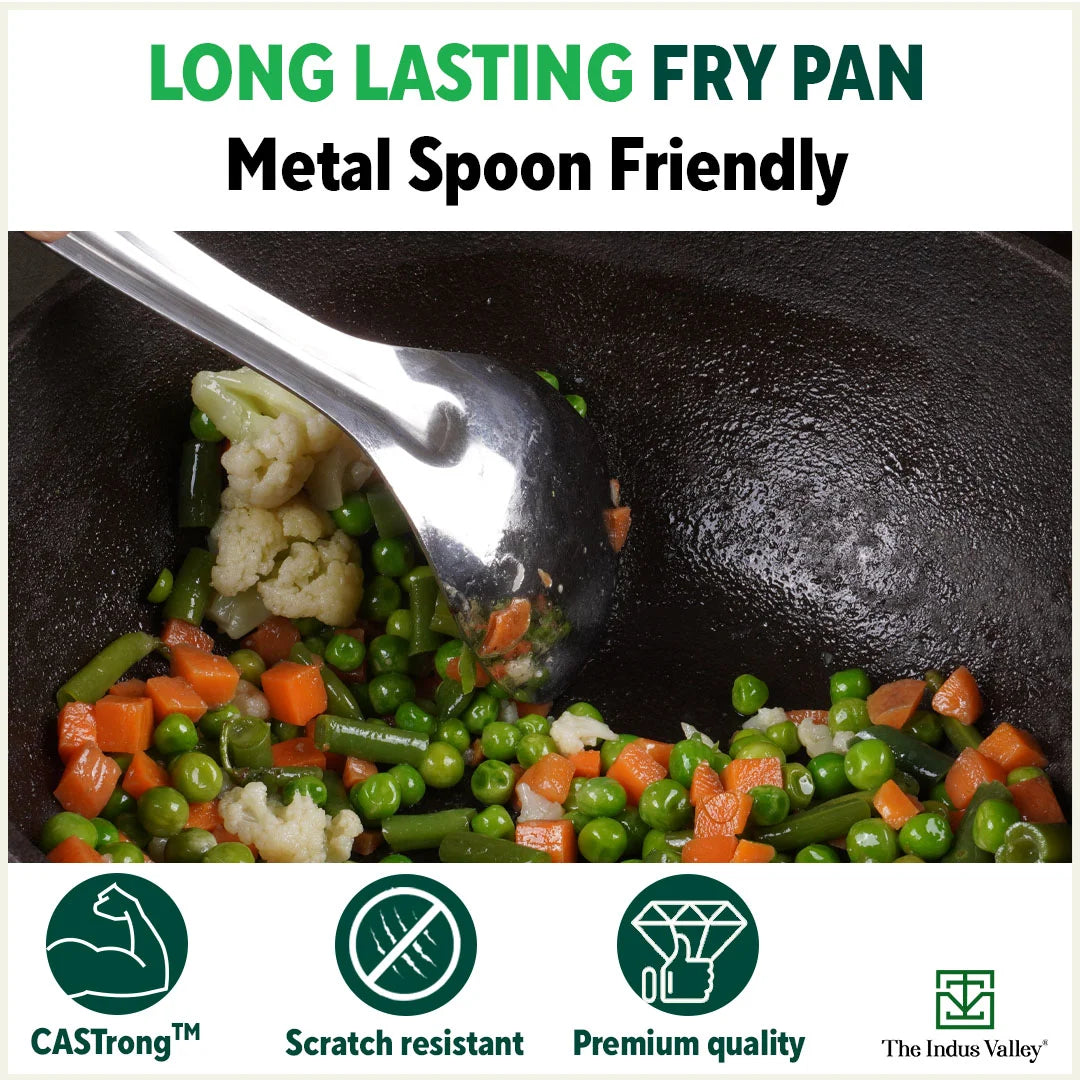 20.3cm CASTrong Cast Iron Fry Pan/Skillet 1.3L, Glass Lid, Pre-seasoned, Natural Nonstick, 100% Pure, Induction