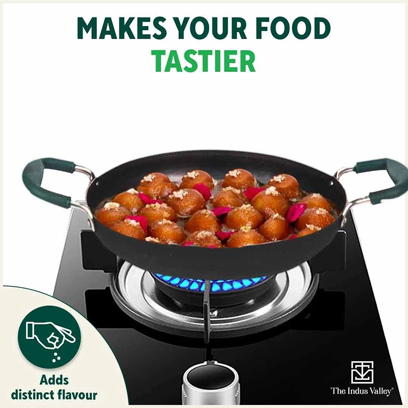 100% Pure Sheet Iron Kadai/ Jalebi/ Paella Pan 1.4L, Silicone Cool Handles, Seasoned, Toxin-free, Induction