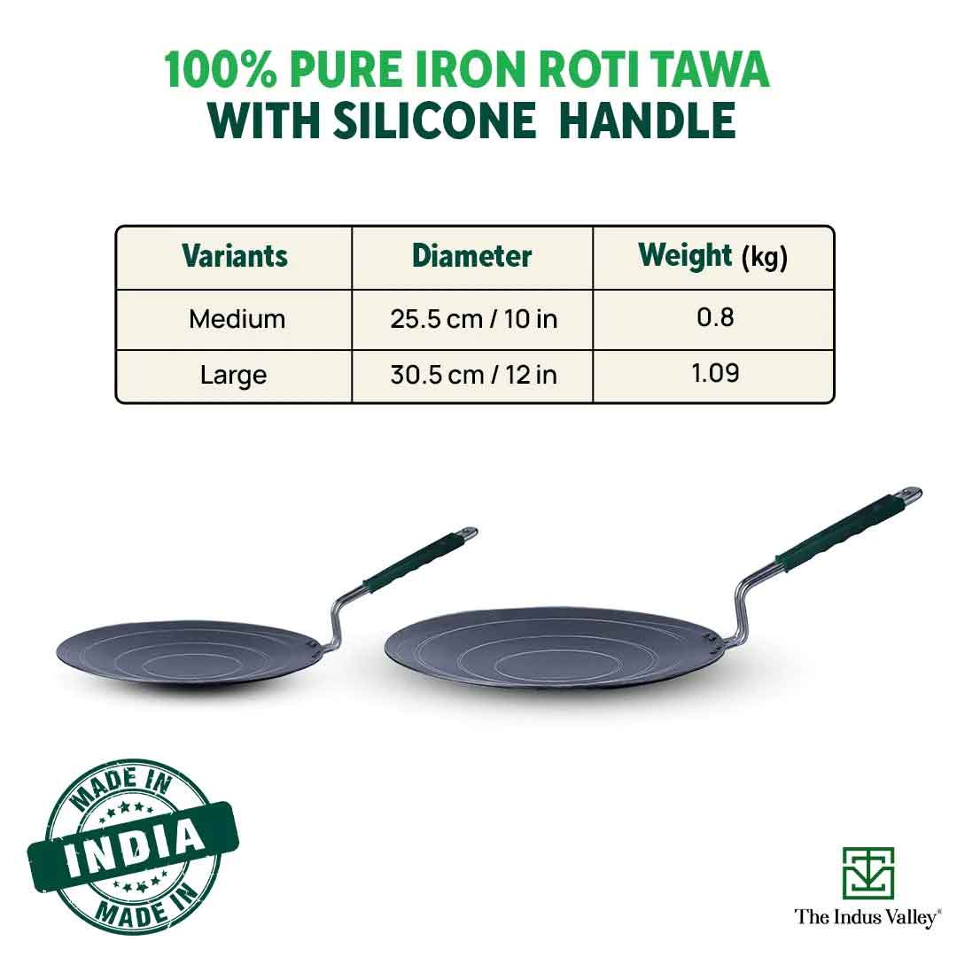 100% Pure Sheet Iron Tawa, Concave, Toxin-free, Seasoned, Wooden Handle, 25.5cm, 0.9kg