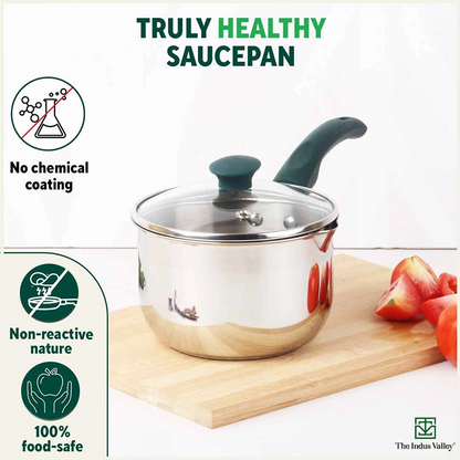 Tri-steel Stainless Steel Tea/Milk Pan with Spout & Glass lid, Premium Quality, Tri-ply (3 Layer) Bottom, 100% Toxin-free, Non-stick, Induction & Gas, 1 Litre
