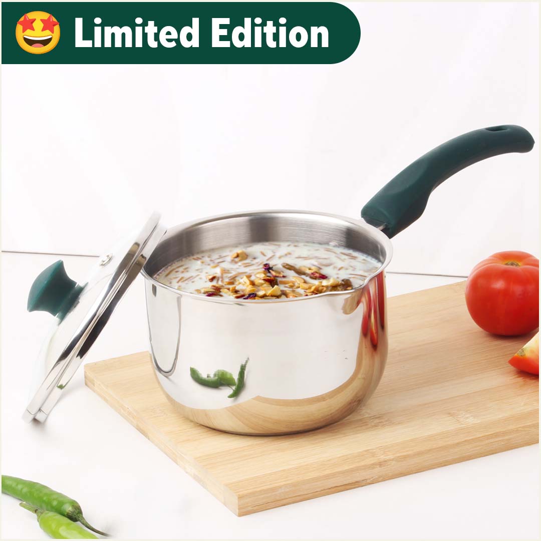Tri-steel Premium Stainless Steel Saucepan with Spout & Glass lid, Sandwich Bottom, Induction, Non-stick, 1 Litre