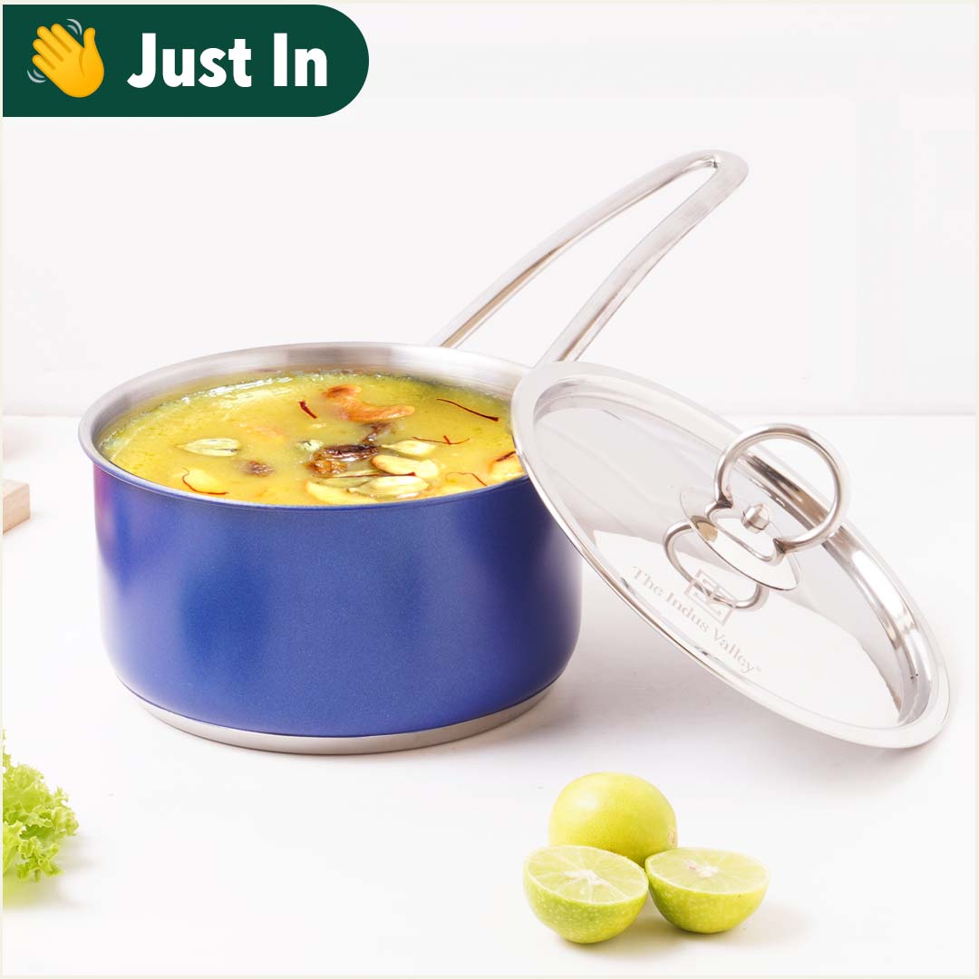 Tri-Steel Premium Stainless Steel Saucepan/ Milk/ Tea Pan, Tri-ply (3 Layer) Induction Bottom, Steel Lid, 1.4L, Blue