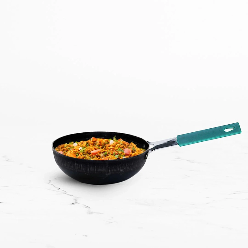 100% Pure Sheet Iron Tadka Pan 13.3cm, Silicone Handle, Seasoned, Toxin-free