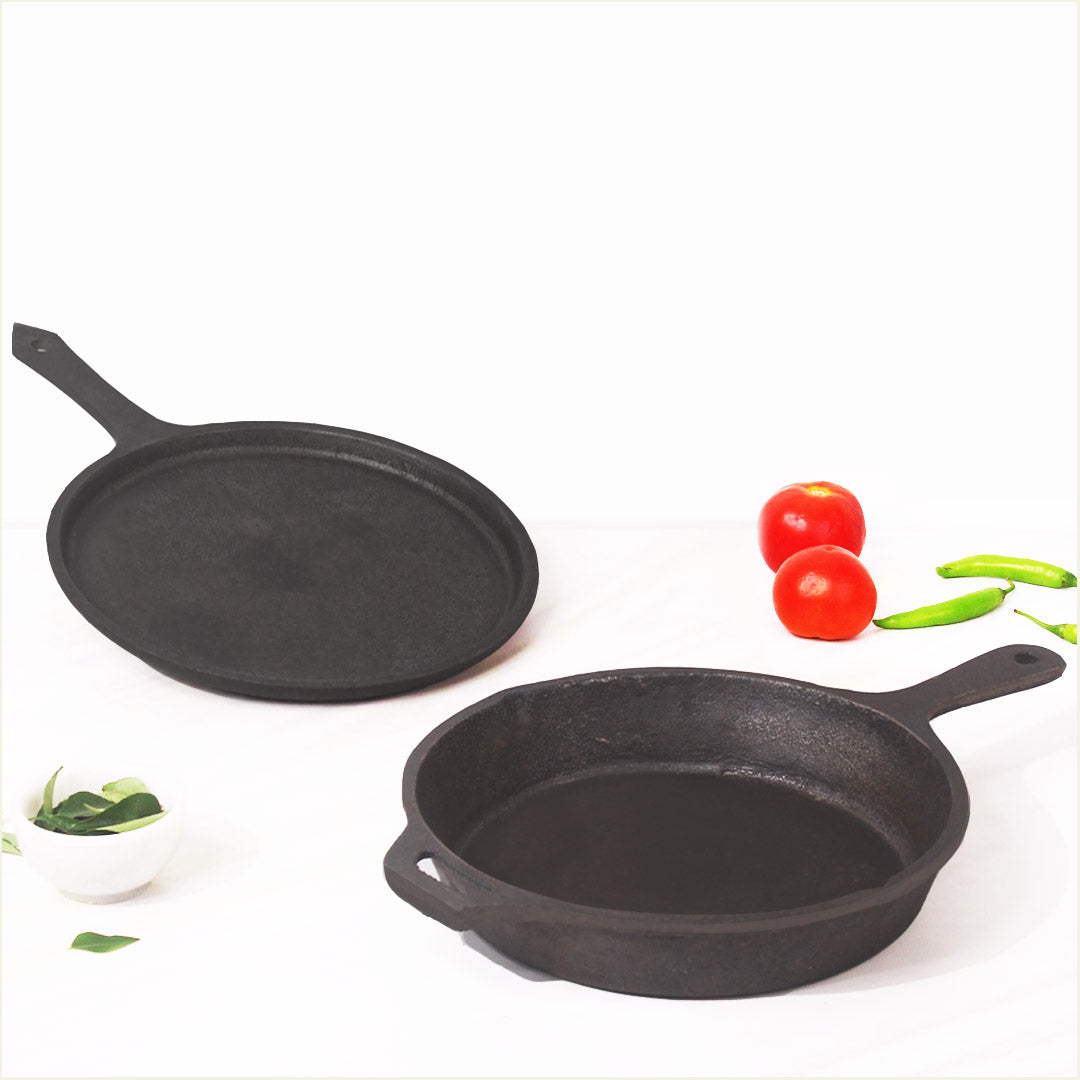 Cast Iron Cookware Set - Dosa Tawa (10Inch) + Skillet (1.5L) - The Indus Valley