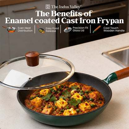 Enamel Coated Cast Iron Fry Pan with Glass Lid - 24cm | Induction & Gas Compatible