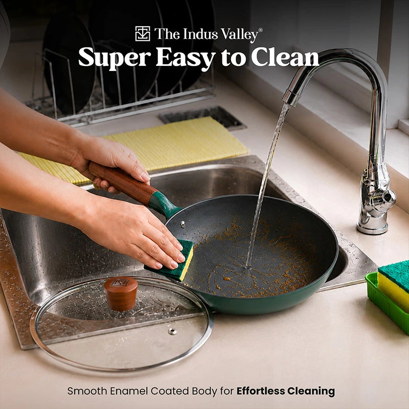 Enamel Coated Cast Iron Fry Pan with Glass Lid - 24cm | Induction & Gas Compatible