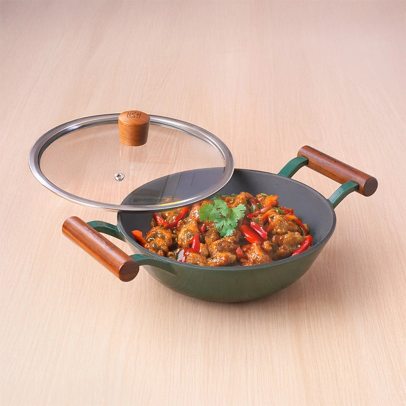 Titanium Reinforced Enamel Coated Cast Iron Kadai, 24.9 cm / 2.3L, Glass Lid, Toxin-Free, Induction & Gas Compatible