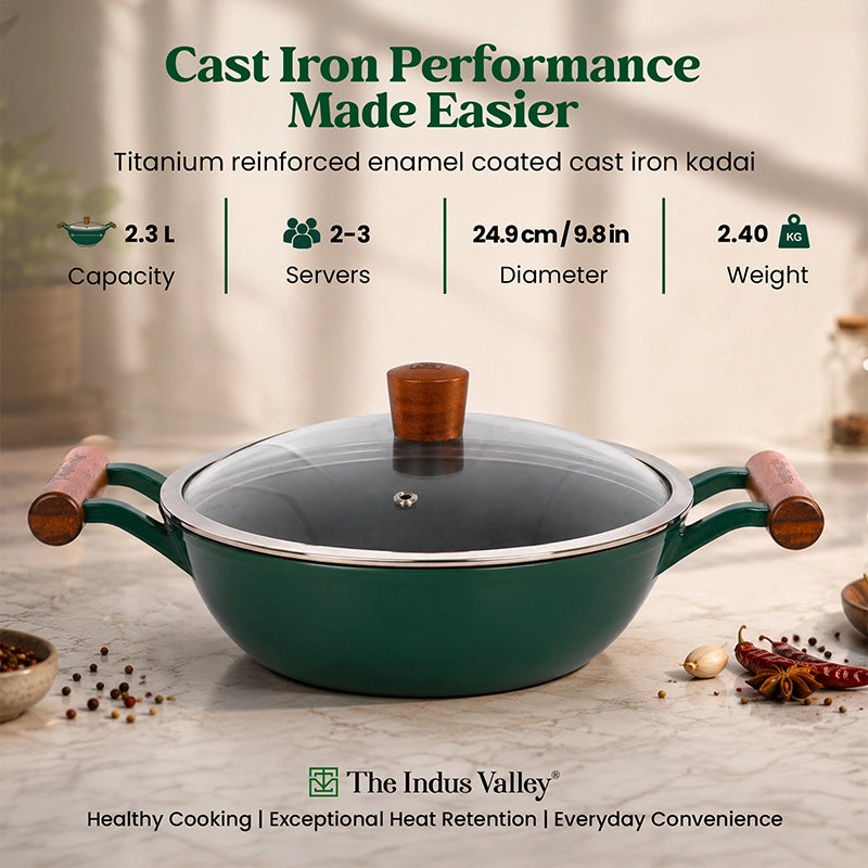 Titanium Reinforced Enamel Coated Cast Iron Kadai, 24.9 cm / 2.3L, Glass Lid, Toxin-Free, Induction & Gas Compatible
