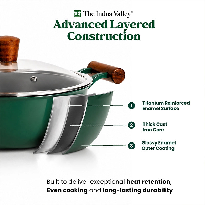 Titanium Reinforced Enamel Coated Cast Iron Kadai, 24.9 cm / 2.3L, Glass Lid, Toxin-Free, Induction & Gas Compatible