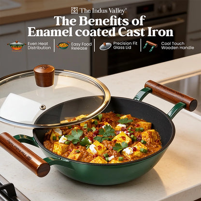 Titanium Reinforced Enamel Coated Cast Iron Kadai, 24.9 cm / 2.3L, Glass Lid, Toxin-Free, Induction & Gas Compatible