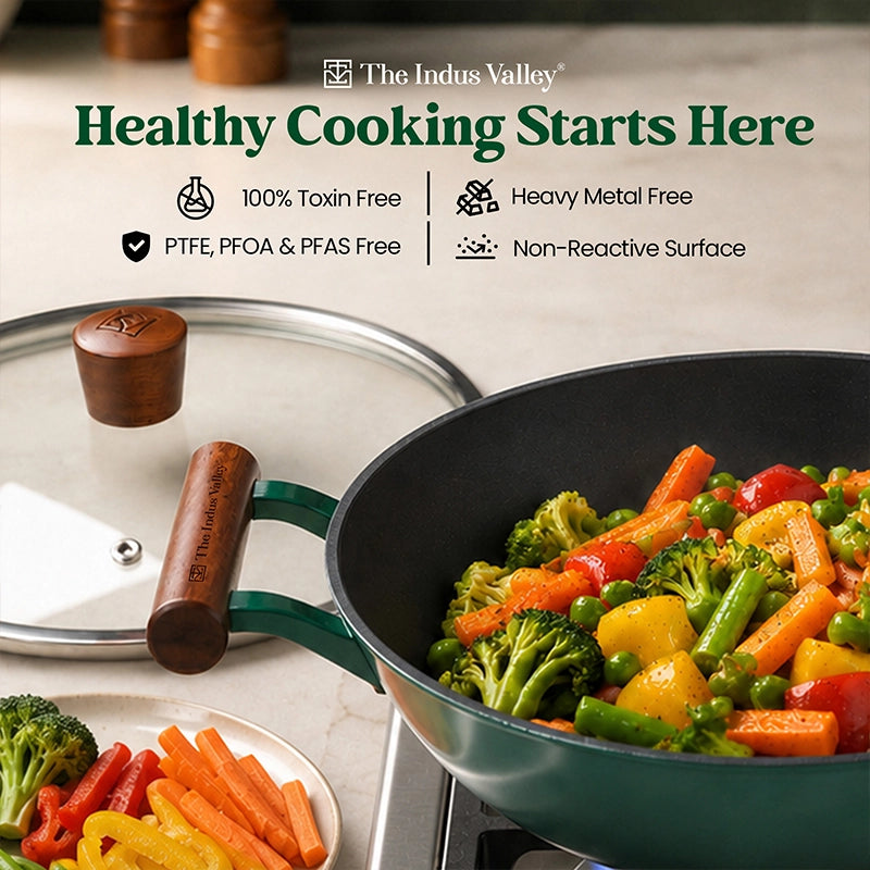 Titanium Reinforced Enamel Coated Cast Iron Kadai, 24.9 cm / 2.3L, Glass Lid, Toxin-Free, Induction & Gas Compatible