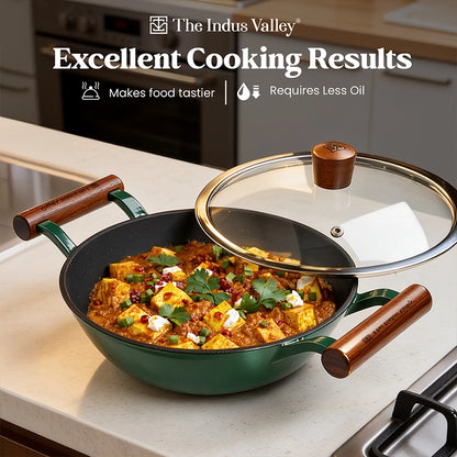 Titanium Reinforced Enamel Coated Cast Iron Kadai, 24.9 cm / 2.3L, Glass Lid, Toxin-Free, Induction & Gas Compatible