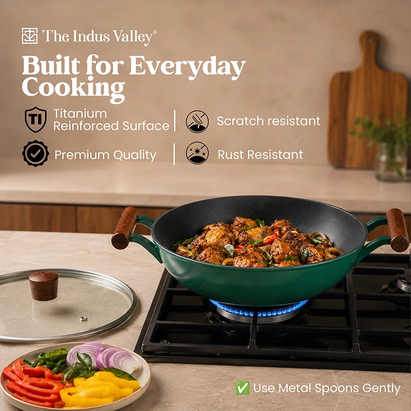 Titanium Reinforced Enamel Coated Cast Iron Kadai, 24.9 cm / 2.3L, Glass Lid, Toxin-Free, Induction & Gas Compatible